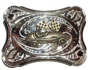 vintage Belt Buckle RACE CAR w/ CHECKERED FLAG