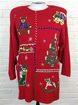 (mens XL) Ugly Xmas Sweater w/ Lotsa Beads, Teddy Bear, Xmas Tree, Chu-Chu Train!!As-Is