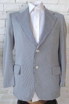 (37) Men's Vintage 70's Tuxedo Jacket. Striped & Textured Dark Blue and White Stripes