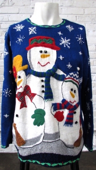 (Mens XS) Ugly Xmas Sweater! Snowman Family in the Snow!  3D Scarves!