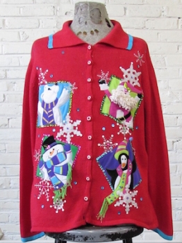 (mens L) Ugly Xmas Sweater! Snap Shots of Xmas Friends & Pink Santa w/ Crazy Beard!!!