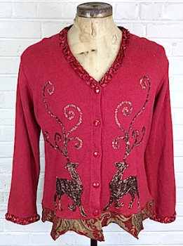 (Mens L) Ugly Xmas Sweater Cardigan! Elegant & Ugly, Sequin Reindeer w/ Tapestry Trim!