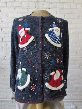 (Mens Roomy L) Ugly Xmas Sweater! Dancing, Prancing & Juggling Santa! Beads Galore!