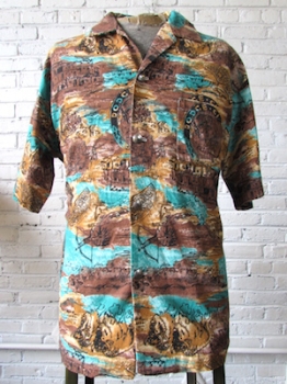 (XL) Vintage Mens Short Sleeved Shirt! Brown & Turquoise Dodge City Desert Print!