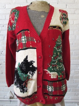 (mens L) Ugly Xmas Sweater Cardigan! Scotty Dog, Xmas Tree, Plaid & Bling!