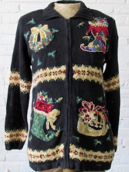 (mens M) Ugly Xmas Sweater Cardigan! Fun Xmas Stuff! Stockings,Trumpet, Wreath! REAL BELLS!