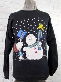 (Mens M) Ugly Xmas Sweatshirt! Snoopy & Woodstock Build a Charlie Brown Snowman!