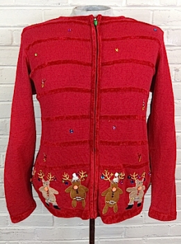 (mens L) Ugly Xmas Sweater! Goofy Dancing Stripper Reindeers! Rhinestones!