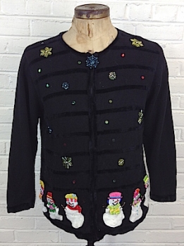 (mens L) Ugly Xmas Sweater! Shiny, Happy Snowmen w/ Colorful Fuzzy Scarves!