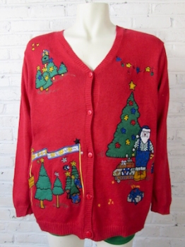 (Mens Roomy L) Ugly Xmas Sweater! Drunk Santa Hustling Xmas Trees in Overalls!