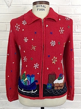 (mens M) Ugly Xmas Sweater Cardigan! Santa's Wishlist! Snowflakes & X-mas Gifts! Beads!