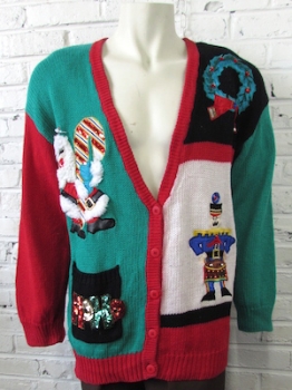 (Mens L) Ugly Xmas Sweater! Ho Ho w/ Fuzzy Santa & Drumming Nutcracker! As-Is