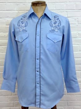 (L) Mens Vintage Westren Shirt! Light Blue w/ Embroidered Blue & Sparkly Silver Flowers!