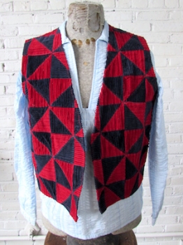 (L) Mens Vintage 70s Hippie Vest! Handmade Navy & Red Corduroy Patchwork w/ Red Topstitching!