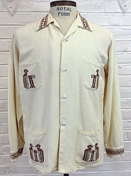 (L) Mens Groovy Vintage Hippie Shirt! Cream with Brown Embroidered Birds!