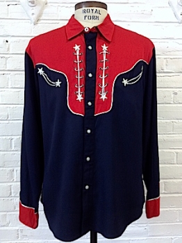 (L) Mens Vintage Western Shirt! Navy & Red w/ Silver Stars & Silver Lace-up Details!