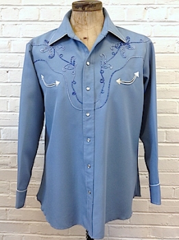 (XL) Mens 70s HBarC Western Shirt! Light Blue w/ Embroidered Flowers in Shades of Blue. As-Is