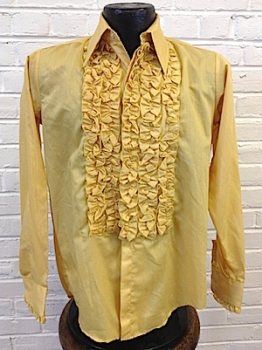 (37" Chest) Boys Vintage 70's Ruffled Tuxedo Shirt! Mustard Yellow w/ Five Rows of Ruffles!