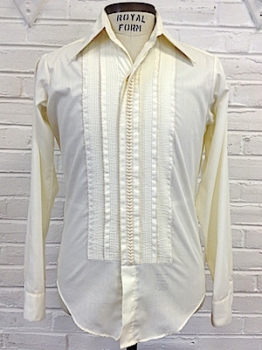 (S) Mens 1970s Pleated Front Tuxedo Shirt! Cream Colored w/ Pleats & Fancy Center!