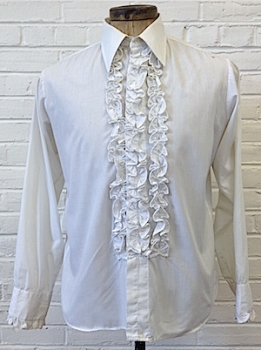 (L) Mens 1970's Ruffled Tuxedo Shirt! White w/ 3 Rows of Ruffles!