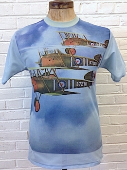 (M) Vintage Mens 70s Polyester T-Shirt! Blue w/ WWI British Biplanes! As-Is