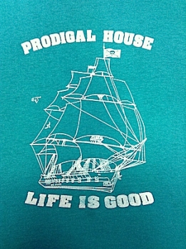 (L-XL) Vintage 1980s T-Shirt PRODIGAL HOUSE LIFE IS GOOD! Bright Teal Green!