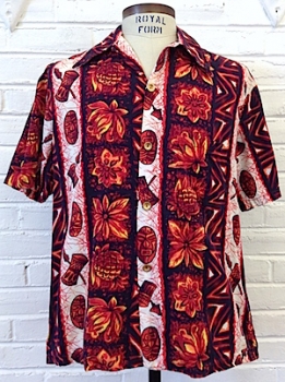 (L) Vintage 70's Mens Hawaiian Shirt! Flowers, Fruit, Masks & Drums in Fiery Colors!