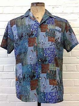 (L) Mens Vintage 70s Disco Shirt! Patchwork of Asian-esque Patterns in Shades of Blue! As-Is