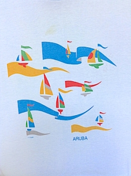 (L) Vintage 1980s T-Shirt. Light Blue w/ Sailboats! Aruba. As-Is