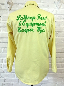 (M) Men's Vintage 70's Work Shirt! Yellow & Green  "Lathrop Feed & Equipment Casper Wyo". As-Is