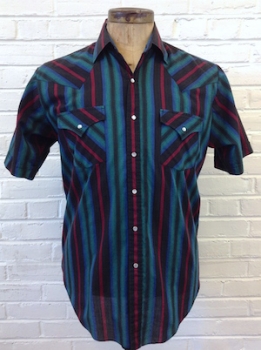 (L) Mens Vintage Western Shirt, Maroon, Teal, Blue, Black Color Stripes, Short-Sleeves