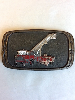 Vintage Belt Buckle! Shiny Red Fire Truck on Brass Buckle!