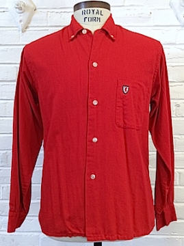 (M) mens Vintage 1950's Shirt! Bright Red GABARDINE w/ Black, Silver & Red Lion Shield!
