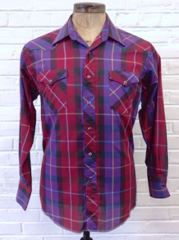 (L) Men's Vintage Western Shirt Purple, Maroon, Blue & Yellow Plaid, Purple Snaps