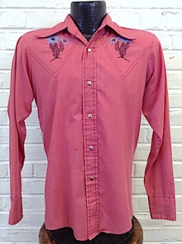 (XS) Mens Vintage Western Shirt! Purplish Red, Embroidered Cactus w/ Flowers as-is