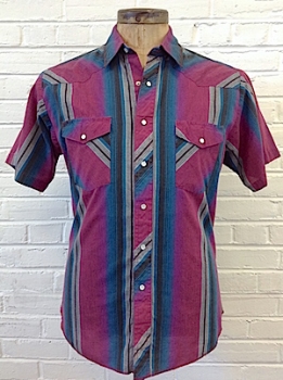(L) Mens Vintage Western Shirt! Maroon, Gray, Green, Pearly Snaps, Short-Sleeves