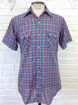 (M) Mens Vintage 70s Short Sleeved Western Shirt! Red, Green, Blue & White Plaid!