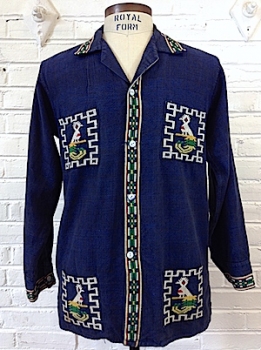 (S) Mens Groovy Vintage Hippie Shirt! Dark Blue w/ Funky Embroidered Designs & Birds!