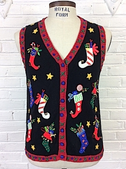 (mens S, short) Ugly Xmas Sweater Vest. JINGLE VEST w/ Bright Stockings & REAL BELLS!