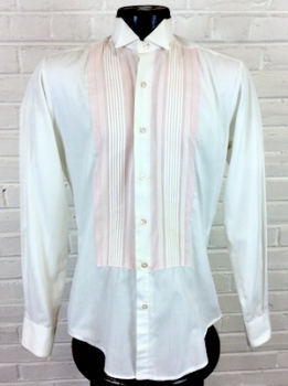 (S) Mens Vintage 70s Tuxedo Shirt! White w/ Pink & White Pleats! Wing Tip Collar! As-Is