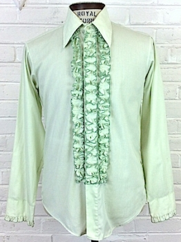 (M) Mens 1970's Ruffled Tuxedo Shirt! Light Green w/ 3 Rows of Ruffles Tipped in Dark Green!