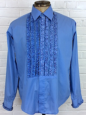 (XL) Mens 1970's Ruffled Tuxedo Shirt! Blue w/ 7 Rows of Ruffles In 2 ...