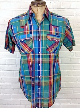 (L) Mens Vintage 70s Plaid Western Shirt! Blue, Green, Red, White, Yellow & Navy Plaid!