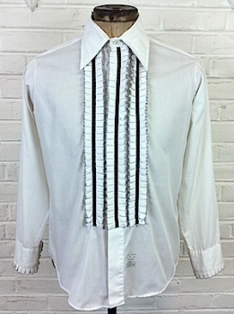 (L) Mens 1970's Ruffled Tuxedo Shirt! White w/ 3 Rows of Ruffles w/ Black Velvet Ribbon Centers!