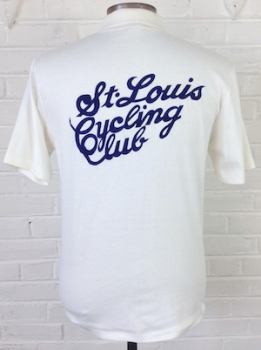 (M) Men's Vintage 70's Polo Shirt! White & Navy, "ST. LCC" "St. Louis Cycling Club" As Is.