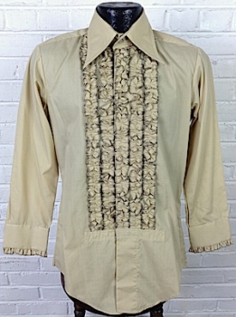 (XS) Mens 1970's Ruffled Tuxedo Shirt! Khaki w/ 5 Rows of Ruffles Tipped in Black!