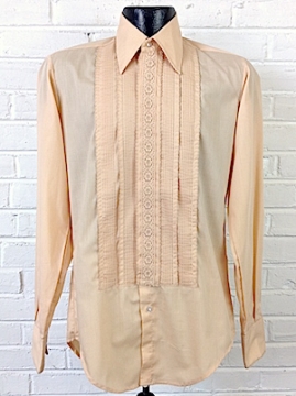 (S) Mens 1970's Tuxedo Shirt! Dusty Peach w/ Scalloped Pleats & Embroidered Lace Center!