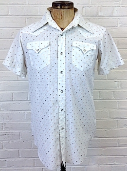 (L) Mens 70s HBarC Western! White w/ Monochromatic Print & Brown & Peach Polka Dots! As-Is