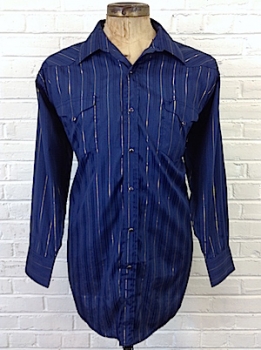 (2XL) BIG MAN Vintage Western Shirt! Navy w/ Vertical, Monochromatic Stripes & Gold Pinstripes!