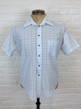 (L/XL) Mens Vintage 70s Short Sleeve Disco Shirt! Semi-Sheer White w/ Blue Plaid!